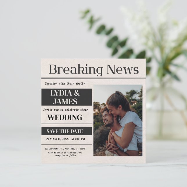 Invitación de boda con foto de noticias de última  (Anverso de pie)