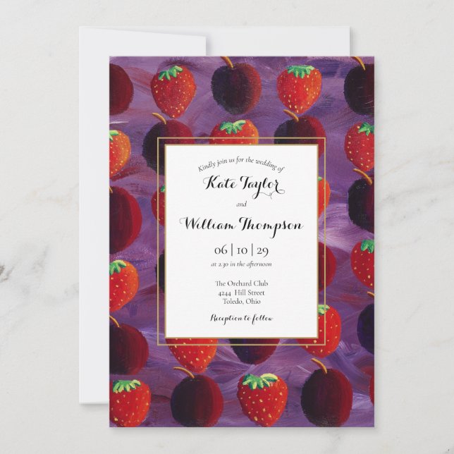 Invitación de boda con foto de país de frutas roja (Anverso)