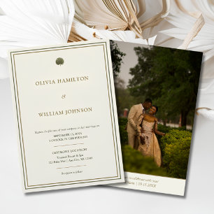 Invitación de boda con foto de palma marfil y dora