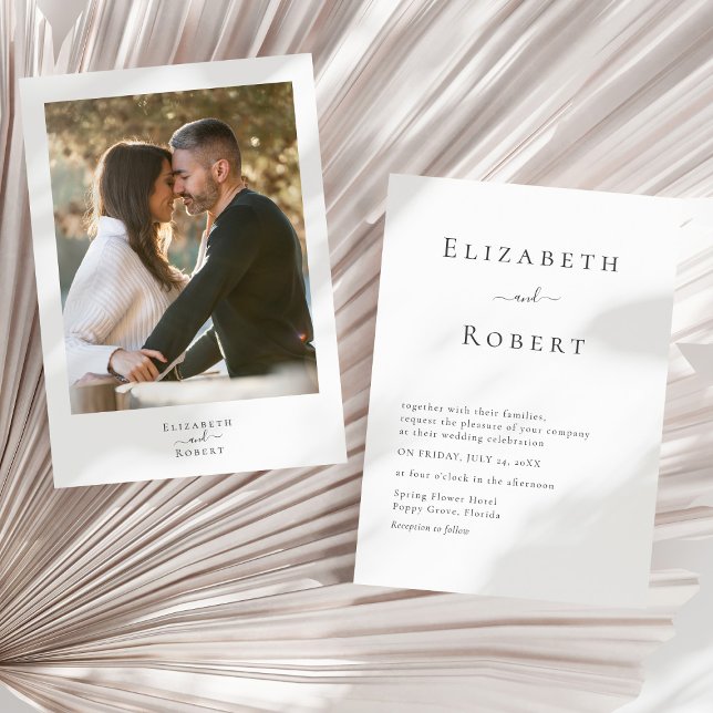 Invitación de Boda con Foto de Pareja Minimalista  (Modern Minimalist Couple Photo Wedding Invitation on a sunny neutral dry palm leaf.)
