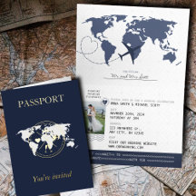Invitación de boda con foto de pasaporte dorado y