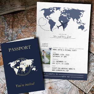 Invitación de boda con foto de pasaporte dorado y