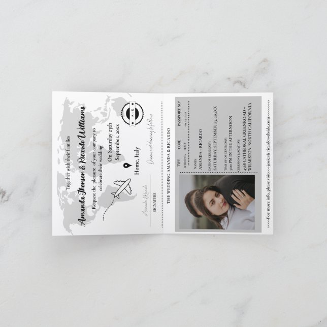 Invitación de boda con foto de pasaporte negra mod (Interior)
