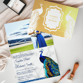 Invitación de boda con foto de pavo real indio con