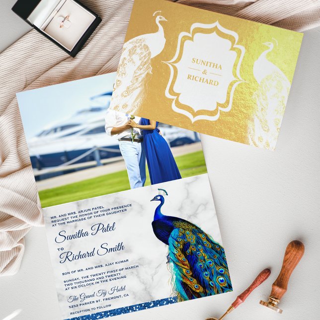 Invitación de boda con foto de pavo real indio con (Subido por el creador)