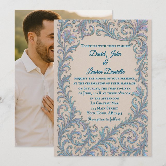 Invitación de boda con foto de promesa iridiscente (Anverso / Reverso)