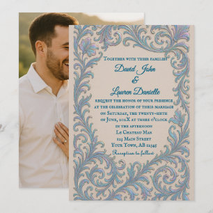 Invitación de boda con foto de promesa iridiscente