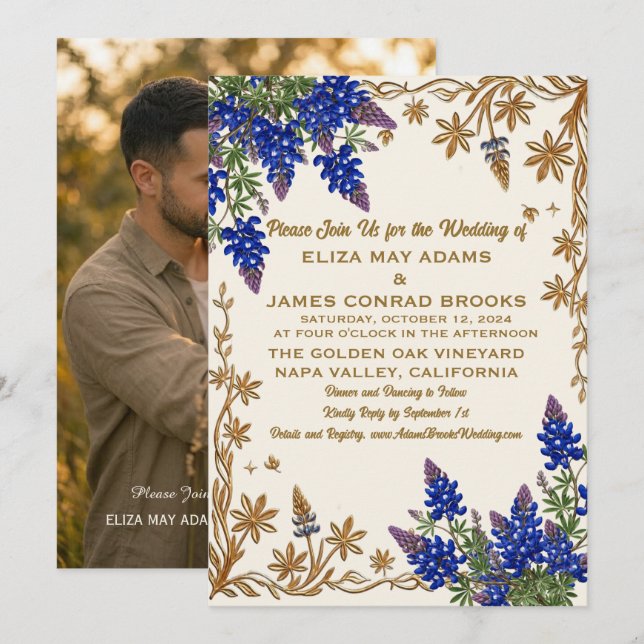 Invitación de boda con foto de Texas Bluebonnet (Anverso / Reverso)