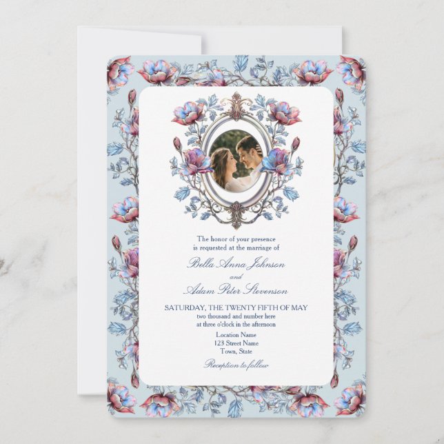 Invitación de boda con foto de toile barroco con c (Anverso)