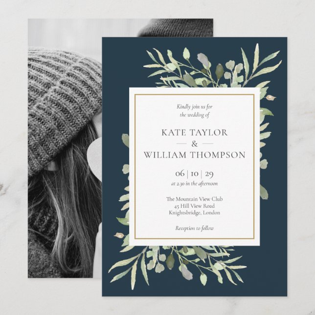 Invitación de boda con foto de vegetación azul de  (Anverso / Reverso)