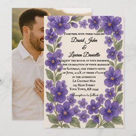Invitación de boda con foto de velo violeta
