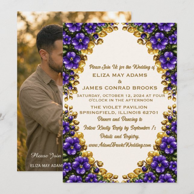 Invitación de boda con foto de violeta azul de Ill (Anverso / Reverso)
