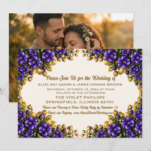 Invitación de boda con foto de violeta azul de Ill (Anverso / Reverso)