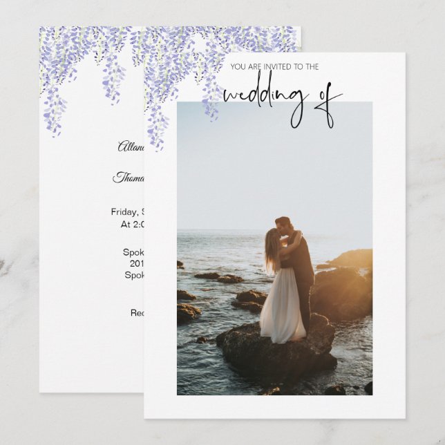 Invitación de Boda con Foto de Wisteria Púrpura (Anverso / Reverso)