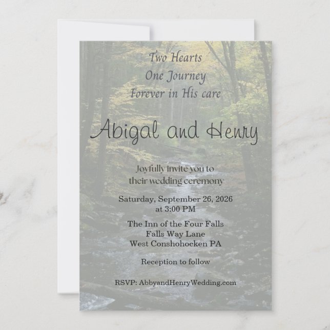 Invitación de boda con foto del bosque al cuidado  (Anverso)
