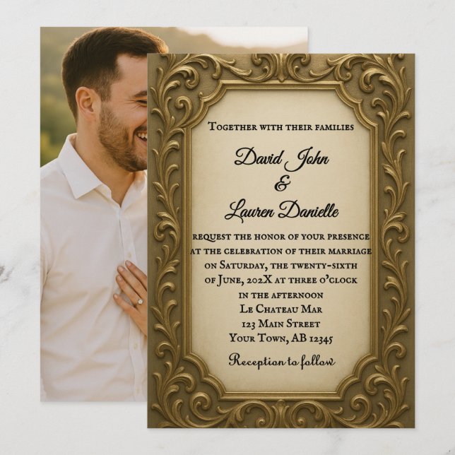 Invitación de boda con foto dorada en oro (Anverso / Reverso)