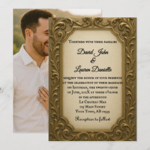 Invitación de boda con foto dorada en oro