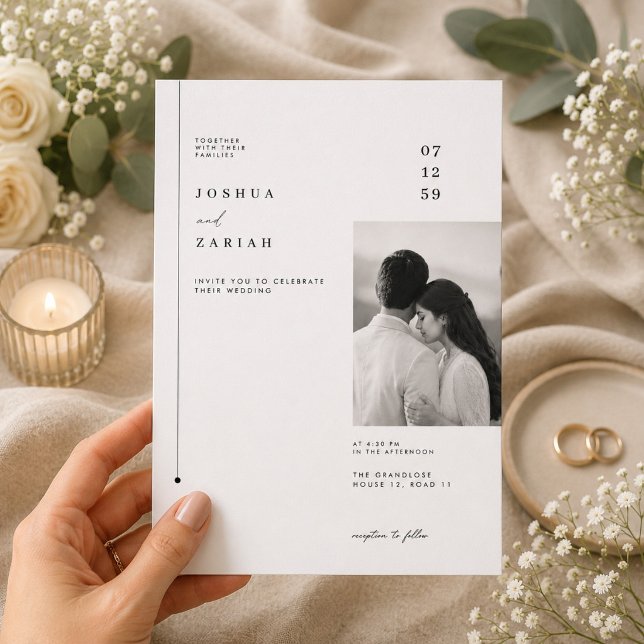Invitación de boda con foto editorial moderna. (Subido por el creador)