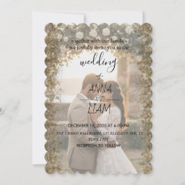 Invitación de boda con foto elegante con borde dor