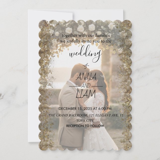 Invitación de boda con foto elegante con borde dor (Anverso)
