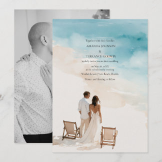 Invitación de boda con foto elegante de playa en a