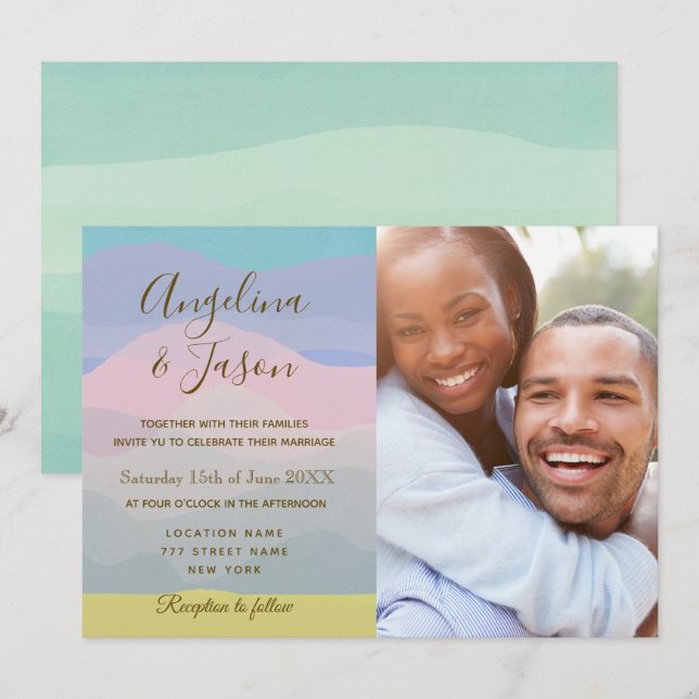 Invitación de boda con foto en acuarela pastel (Anverso / Reverso)