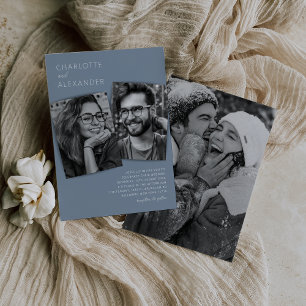 Invitación de boda con foto en azul polvoriento mo