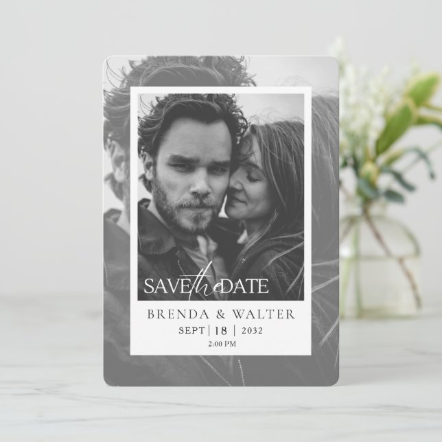 Invitación de boda con foto en blanco y negro mode (Anverso de pie)