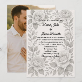 Invitación de boda con foto en grafito floral