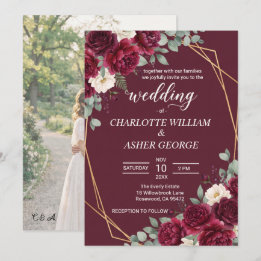 Invitación de boda con foto en marco dorado y flor