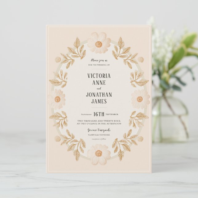 Invitación de boda con foto en marco floral (Anverso de pie)