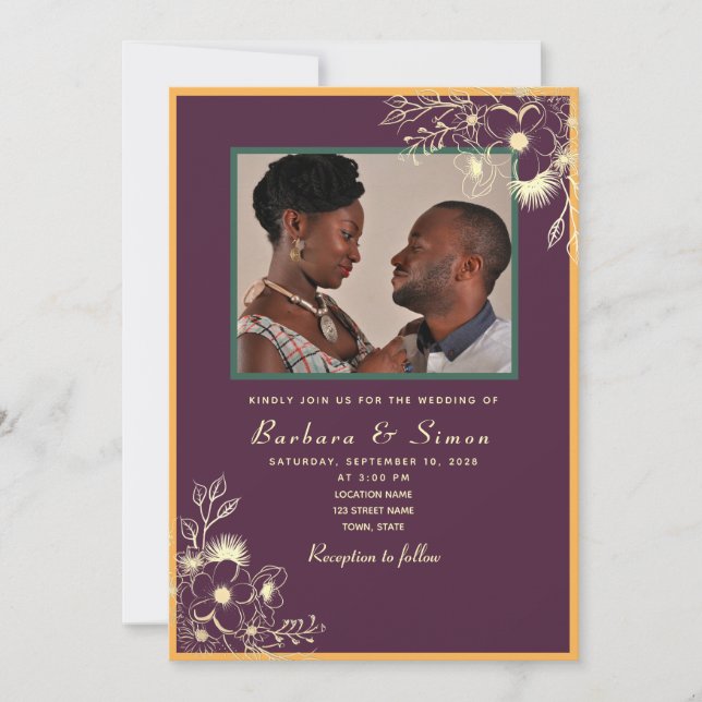 Invitación de boda con foto en tonos joya (Anverso)