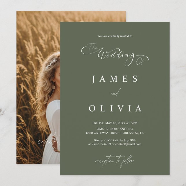 Invitación de Boda con Foto en Verde Oliva Minimal (Anverso / Reverso)