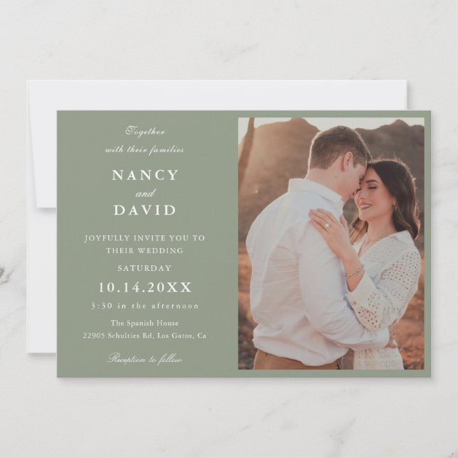 Invitación de boda con foto en verde salvia modern (Anverso)