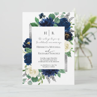 Invitación de boda con foto floral azul elegante