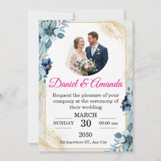 Invitación de boda con foto floral azul polvorient