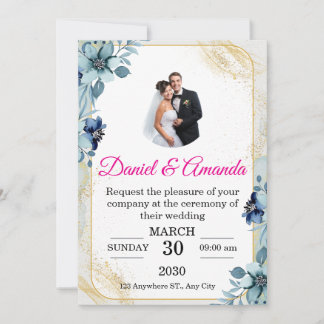 Invitación de boda con foto floral azul polvorient