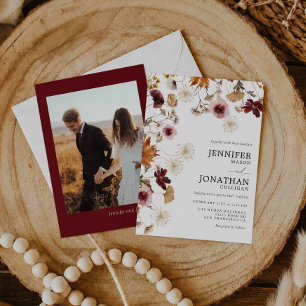 Invitación de boda con foto floral boho de Borgoña