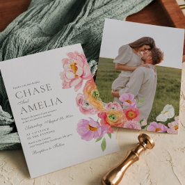 Invitación de boda con foto floral brillante de ac