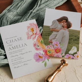 Invitación de boda con foto floral brillante de ac