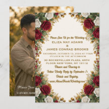 Invitación de boda con foto floral de oro rosa de 