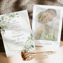 Invitación de boda con foto floral de oro verde sa