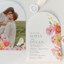 Invitación de boda con foto floral elegante