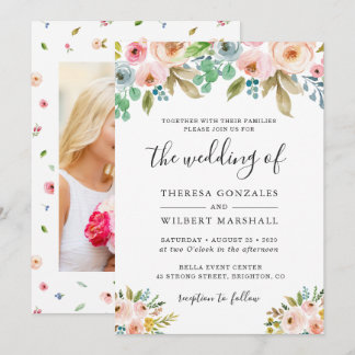 Invitación de boda con foto floral en acuarela