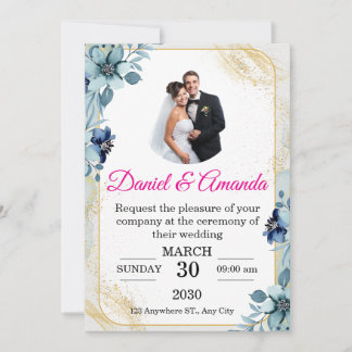 Invitación de boda con foto floral en azul polvori