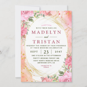 Invitación de Boda con Foto Floral Rosa y Dorado C