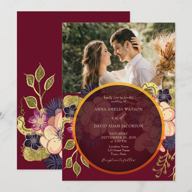 Invitación de boda con foto floral rústica de Borg (Anverso / Reverso)