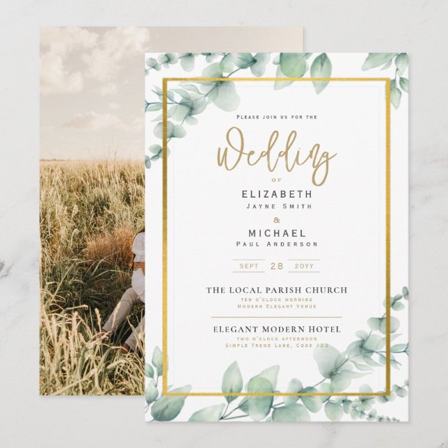 Invitación de boda con foto Greenery Gold (Anverso / Reverso)