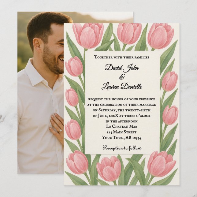 Invitación de boda con foto juntos Tulipán (Anverso / Reverso)