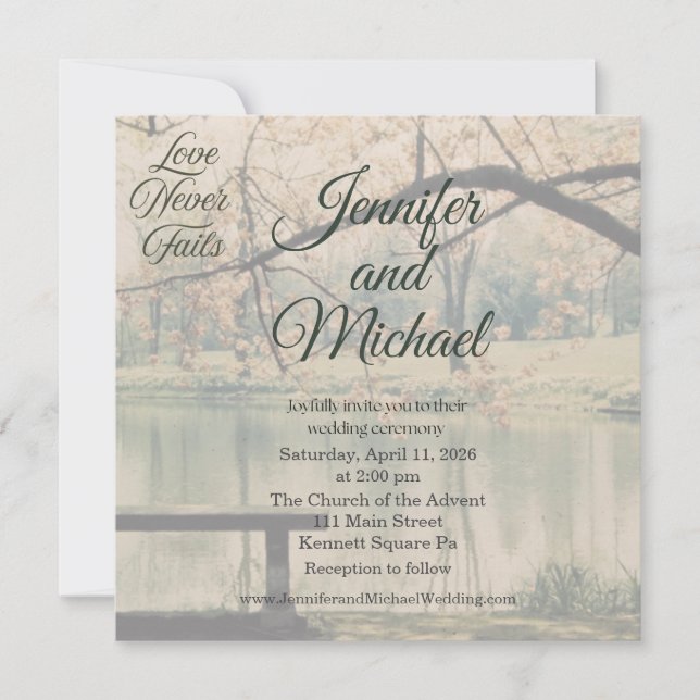 Invitación de boda con foto Love Never Fails (Anverso)